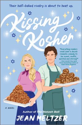 Cover image for KISSING KOSHER by Jean Meltzer, featuring an illustration of a man and a woman standing back to back. They are each holding large pans with baked goods piled on top.