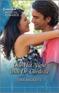 Cover image for ONE HOT NIGHT WITH DR. CARDOZA by Tina Beckett, featuring a man and a woman hugging outdoors, smiling. There are trees in the background. 