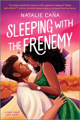 Cover image for Sleeping with the Frenemy by Natalie Cana, featuring an illustration of a man and a woman standing in a city stree. The woman is holding the man's collar, and they are leaning in to kiss.