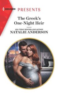 Cover image for THE GREEK'S ONE-NIGHT HEIR by Natalie Anderson, featuring a man embracing a visibly pregnant woman from behind. The man is shirtless, and the woman is a a silver gown. They are in an all white bedroom.