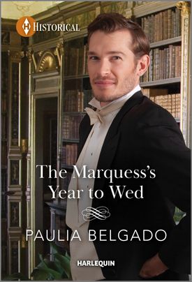 Cover image for the The Marquess's Year to Wed by Paulia Belgado, featuring a man in a regency suit standing in front of a bookshelf.