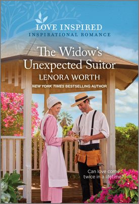 Cover image for The Widow's Unexpected Suitor by Lenora Worth, featuring an amish man and woman standing underneath a gazebo. The man has a tool belt around his waist. The woman is bringing him a plate of food.