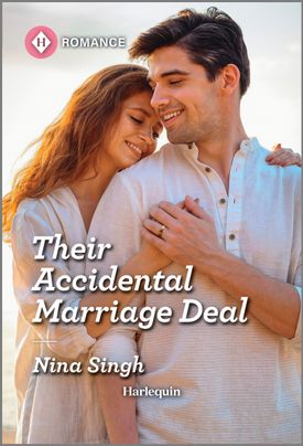 Cover image for Their Accidental Marriage Deal by Nina Singh, which featuring a man and a woman on a beach. The woman is standing behind the man with her arms around him, and the man is leaning into her touch.