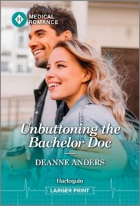 Cover image for Unbuttoning the Bachelor Doc by Deanne Anders, which features a man and a woman walking down the street carrying cups of coffee. The man has his free arm around the woman's shoulders.