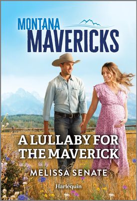 Cover image for A LULLABY FOR THE MAVERICK by Melissa Senate, featuring a man and a woman walking through a field. The man is in a cowboy hat and the woman is in a dress. There is a breeze. The woman is visibly pregnant.