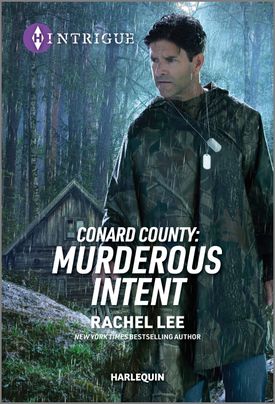 Cover image for Conard County: Murderous Intent by Rachel Lee, featuring a man in a raincoat and army dogtags standing outdoors in the woods. It is raining, and there is a cabin behind him.