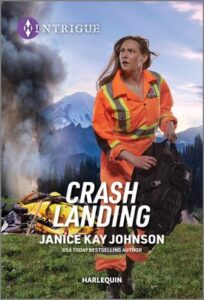 Cover image for Crash Landing by Janice Kay Johnson, featuring a woman running away from a helicopter crash. 