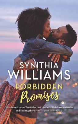 Cover image for Forbidden Promises by Synithia Williams, featuring a man and a woman kissing outdoors. There is a city in the background.