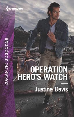 Cover image for Operation Hero's Watch by Justine Davis, featuring a man and a dog running outdoors down a road. The sky behind them is grey and cloudy.