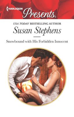 Cover image for Snowbound with His Forbidden Innocent by Susan Stephens, featuring a man and a woman kissing in front of a lit fireplace.