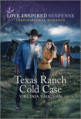Cover image for TEXAS RANCH COLD CASE by Virginia Vaughan, featuring a man and a woman walking across a field at night. The man is in a cowboy hat and holding a flashlight. The woman is behind him. Behind both of them is a barn.
