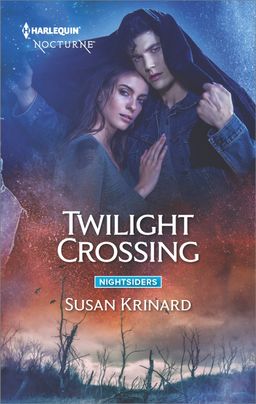 Cover image for Twilight Crossing by Susan Krinard, featuring a man and a woman. It is raining and the man is holding a jacket over both of their heads. There is a scene of bare trees below them.