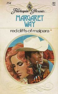 Cover of Red Cliffs of Malpara by Margaret Way, featuring an illustration of a man in a cowboy hat and a woman with curly red hair.