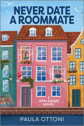 Cover image for NEVER DATE A ROOMMATE by Paula Ottoni, featuring an illustration of an apartment building. There is a woman looking down from a window on the top floor at a man looking up from a window on the bottom floor.