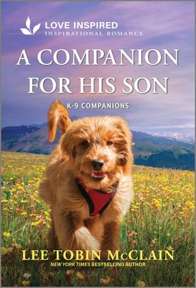 Cover image for A Companion for His Son by Lee Tobin McClain, featuring a small golden retriever running across a field of yellow flowers towards the viewer. He is wearing a red service animal vest.