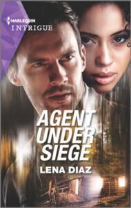 Cover image for Agent Under Siege by Lena Diaz, featuring the faces of a man and a woman, both looking serious. Below them is the image of a lit up old cabin.
