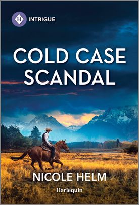 Cover image for Cold Case Scandal by Nicole Helm, featuring a man in a cowboy hat riding a horse across a field. There is a stormy sky and mountains in the background.