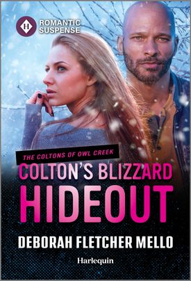 Cover image for Colton's Blizzard Hideout by Deborah Fletcher Mello, featuring a man and a woman standing outside in the snow. It is snowing and there is a large tree behind them.