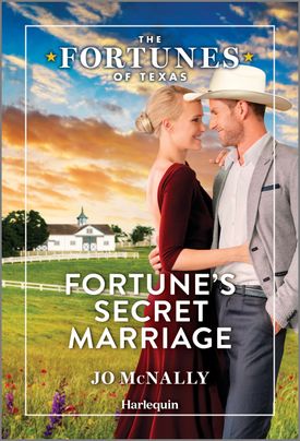 Cover image for Fortune's Secret Marriage by Jo McNally, featuring a man and a woman embracing outdoors in a field. The woman is in a red dress and the man is in a suit and cowboy hat. There is a barn in the background.