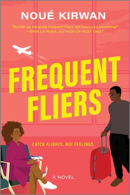 Cover image for Frequent Fliers by Noué Kirwan, featuring an illustration of a man and a woman at an airport. The woman is sitting in a chair holding a book, while the man is standing and holding the handle of a rolling suitcase. Both are looking at each other. In the background through a window, there is a plane taking off.