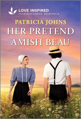 Cover image for Her Pretend Amish Beau by Patricia Johns, featuring a man and a woman in amish clothes. They are standing in a field with flowers and grass that comes up to their knees. The woman is looking at the man, while the man's back is towards the viewer. The sun is setting in the background.