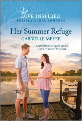 Cover image for Her Summer Refuge by Gabrielle Meyer, featuring a man and woman standing on a dock. The man is holding a fishing rod and the woman is visibly pregnant. They are both looking at each other and smiling. There is a small boat in the water at the front of the dock.