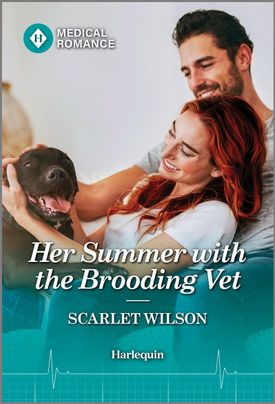 Her Summer with the Brooding Vet by Scarlet Wilson, featuring a man and a woman sitting on a couch. There is a large black dog in their laps.