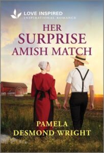 Cover image for HER SURPRISE AMISH MATCH by Pamela Desmond Wright, featuring a man and a woman in amish dress walking away from the viewer across the field towards a red barn.