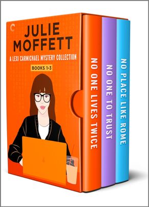 Cover image for Lexi Carmichael Collection Books 1-3 by Julie Moffett, featuring the image of a box set of books. The wrapping is orange and features an illustration of a woman with glasses sitting at a computer.