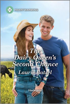 Cover image for The Dairy Queen's Second Chance by Laurie Batzel, featuring a man and a woman standing in a field, laughing. The woman is wearing overalls and a cowboy had. The man is in a t-shirt and jeans. There are cows grazing in the background.
