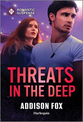 Cover image for Threats in the Deep by Addison Fox, featuring a man and a woman. Both look concerned, and the man is wearing army dog tags. Behind them is a bridge and the night sky.