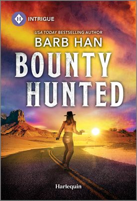 Cover image for Bounty Hunted by Barb Han, featuring a woman in a cowboy hat running down a road towards a sunset. Her back is to the viewer.