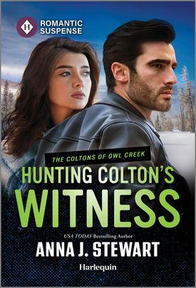 Cover image for Hunting Colton's Witness by Anna J. Stewart, featuring a man and a woman standing outside in the snow. Both look concerned.