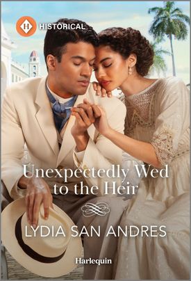 Cover image for Unexpectedly Wed to the Heir by Lydia San Andres, featuring a man and a woman sitting outside, holding hands.They are leaning against each other, and both have their eyes closed. They are both wearing white clothing.