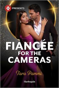 Cover image for Fiancee for the Cameras by Tara Pammi, featuring a woman in a purple dress with her arms around a man in a suit.