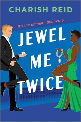 Cover for Jewel Me Twice by Charish Reid, featuring an illustration of a man and a woman. The woman is in a green dress holding a necklace, the man is in a suit holding a teacup.