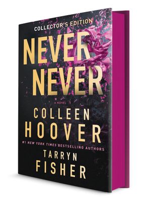 An image of NEVER NEVER, COLLECTOR'S EDITION by Colleen Hoover and Tarryn Fisher, a heardcover book with a black cover and purple pages. The authors names and title are in gold font.