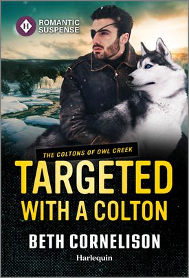 Cover image for TARGETED WITH A COLTON by Beth Cornelison, featuring a man with an eyepatch, outdoors in the winter with a husky by his side.