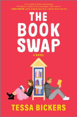 Cover image for The Book Swap by Tessa Bickers, featuring an illustration of a bookshelf with a man and woman sitting on either side of it, backs leaning against the shelf as they both read.