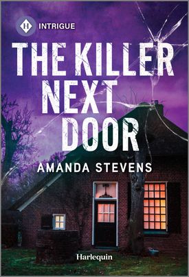 Cover image for THE KILLER NEXT DOOR by Amanda Stevens, featuring a house at night. The windows are illuminated.