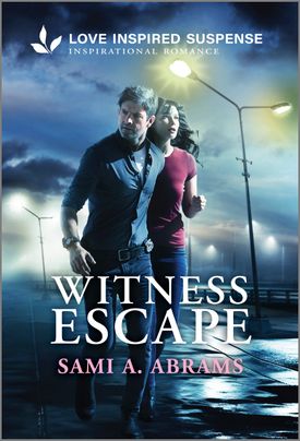 Cover image for Witness Escape by Sami A. Abrams, featuring a man and a woman running through a parking lot at night.