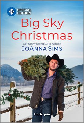 Cover image for BIG SKY CHRISTMAS by Joanna Sims, featuring a cowboy hauling a Christmas tree over his shoulder outdoors.