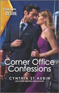 Cover image for CORNER OFFICE CONFESSIONS by Cynthia St. Aubin, featuring a man and a woman kissing by in a boardroom by a large window.