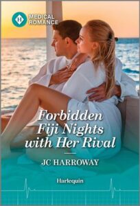 Cover image for FORBIDDEN FIJI NIGHTS WITH HER RIVAL by JC Harroway, featuring a man and a woman cuddling on a boat, looking out at the water.