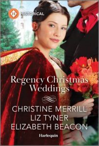 Cover image for REGENCY CHRISTMAS WEDDINGS by Christine Merrill, Liz Tyner, Elizabeth Beacon, featuring a woman in a red velvet cloak holding a bouquet of flowers.