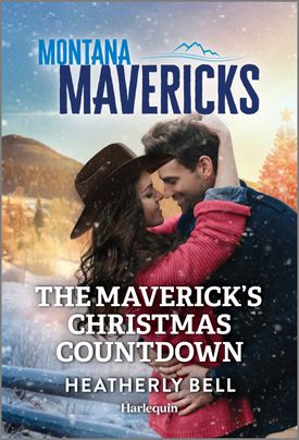 Cover image for THE MAVERICK'S CHRISTMAS COUNTDOWN by Heatherly Bell, featuring a couple embracing outdoors in the snow. The woman is wearing a cowboy hat.