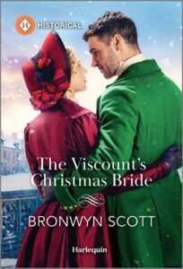 Cover image for THE VISCOUNT'S CHRISTMAS BRIDE by Bronwyn Scott, featuring a man and a woman with their arms wrapped around each other as they look over a winter scene from a balcony